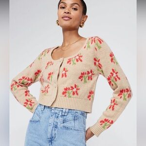 Kitri Lila Camel Floral Cropped Knit Cardigan